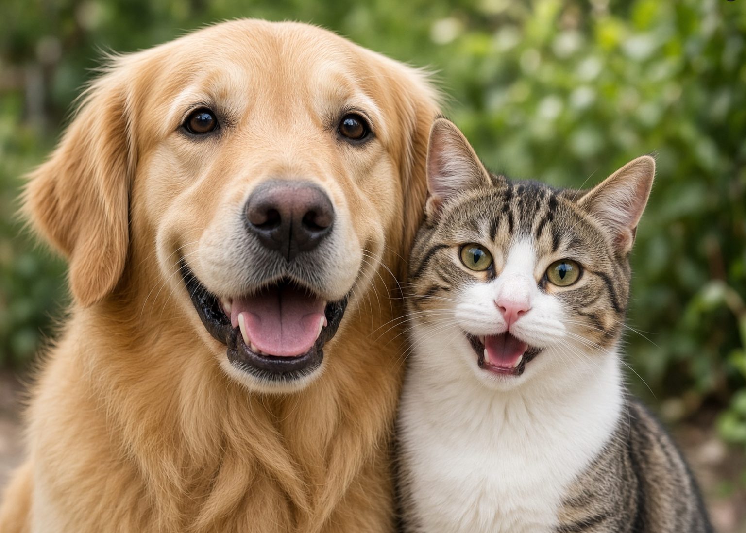 A smiling golden retriever and a tabby-and-white cat sitting side by side outdoors